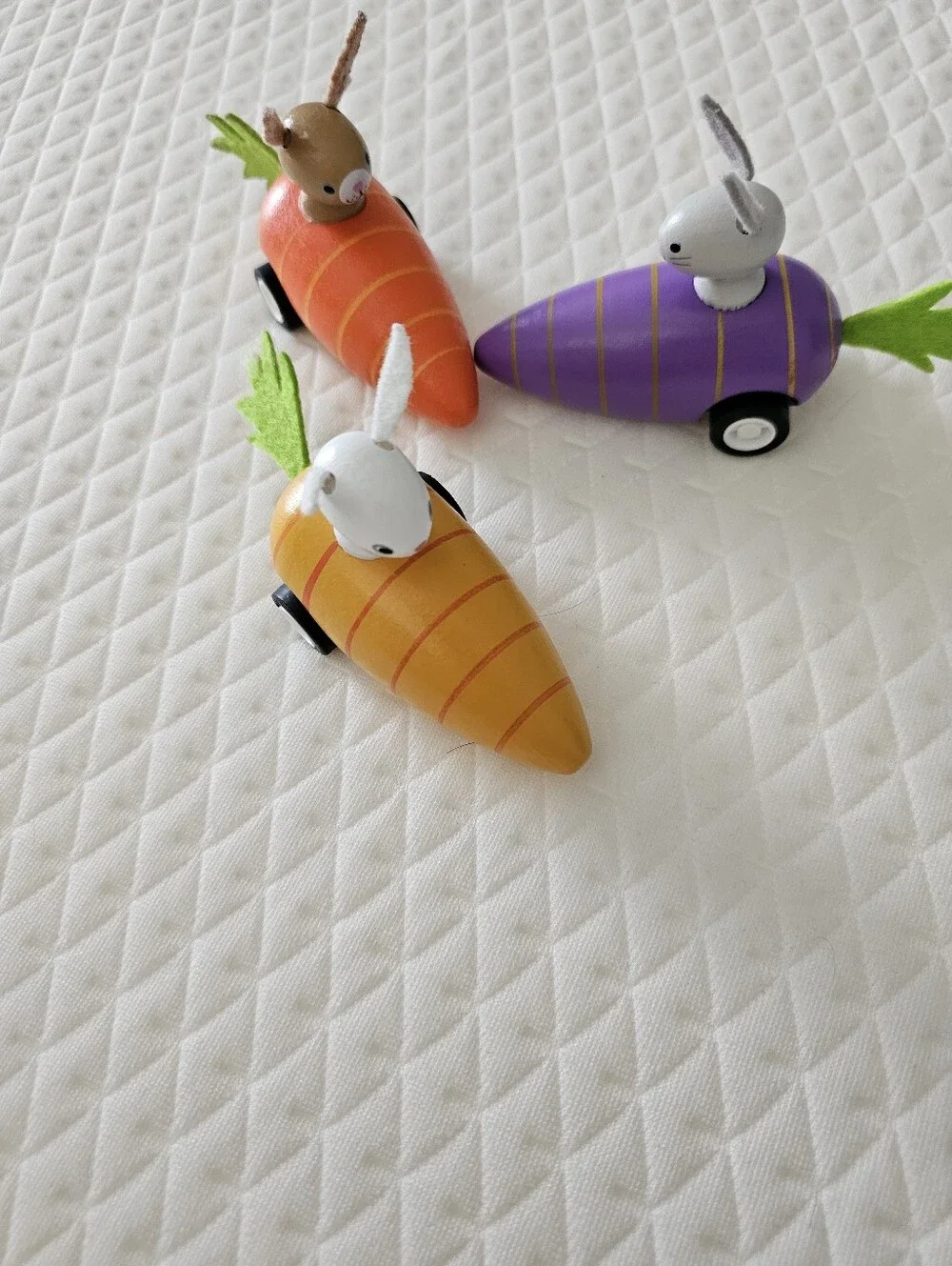 3 Wooden Bunny Carrot Pull Back Racers Easter Spring Toy Decor Set Tested Works